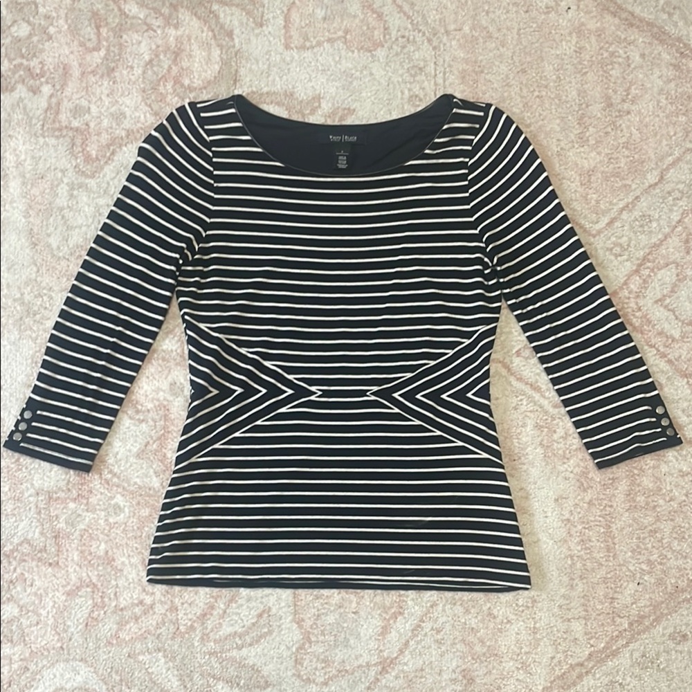 Black and White Fitted Blouse 3/4 Sleeve